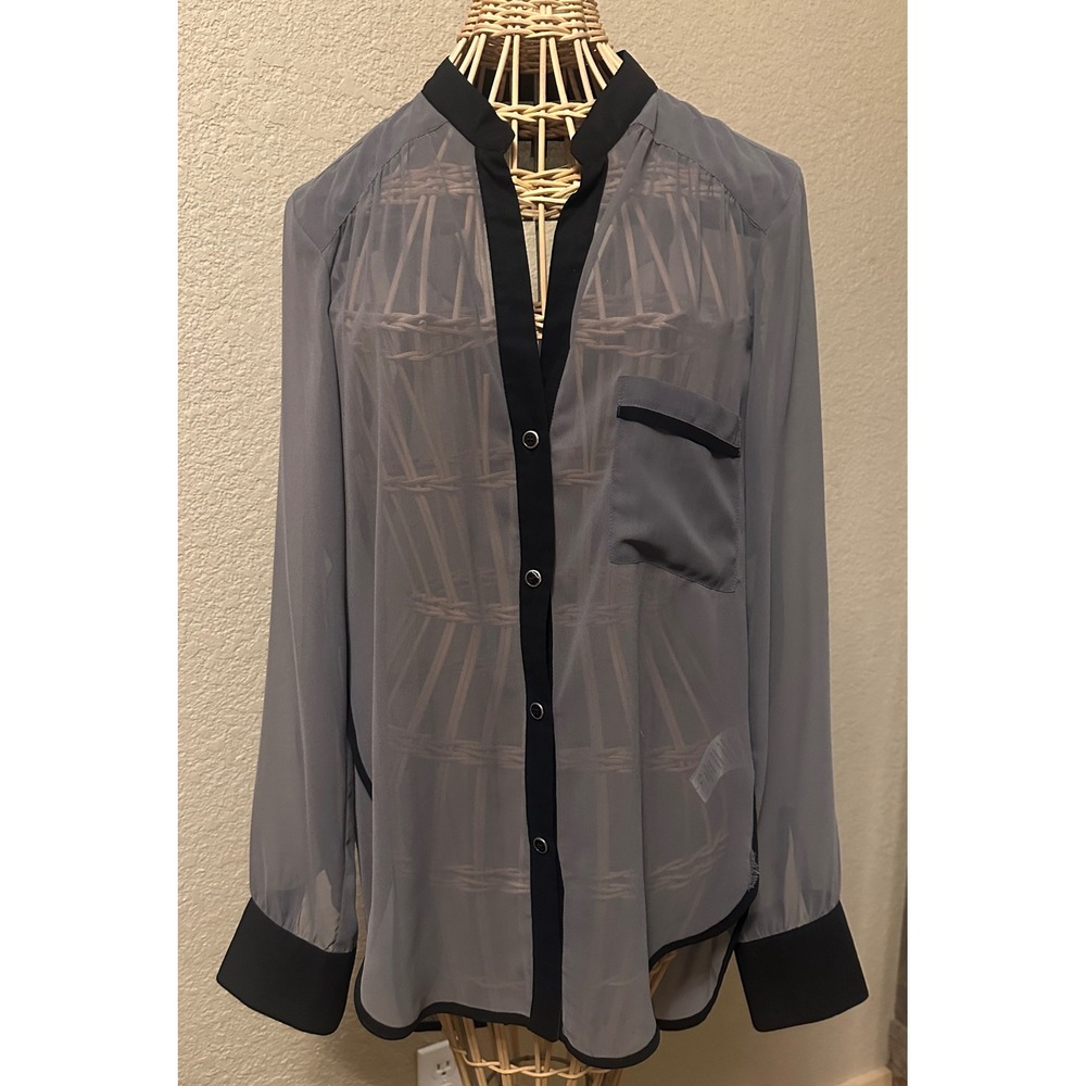 KUT from the Kloth Grey Sheer Draped Back Blouse Black Trim Medium flowy - Picture 2 of 16